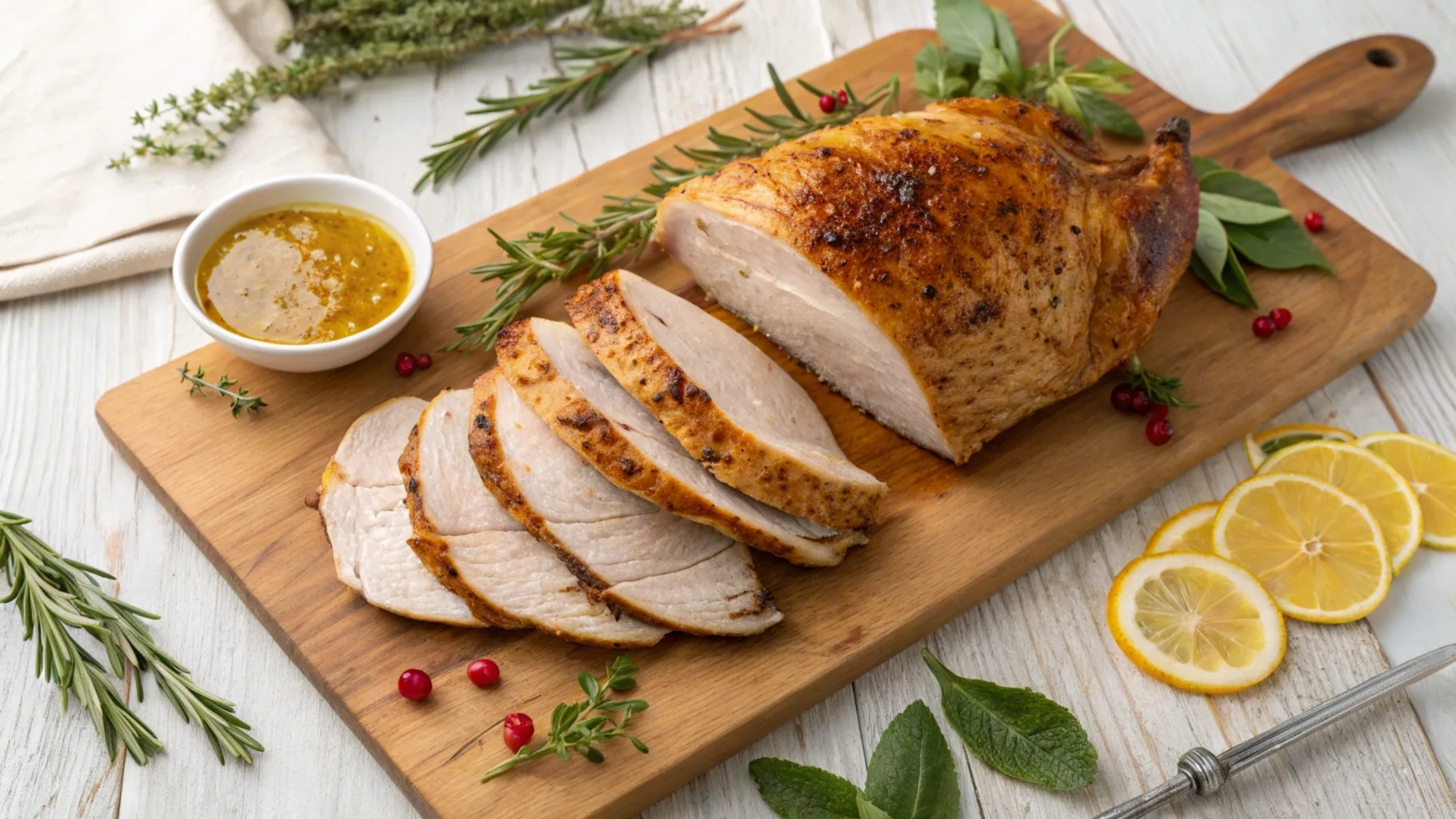 Golden roasted Creole butter turkey breast with slices, garnished with fresh herbs and lemon on a wooden cutting board.