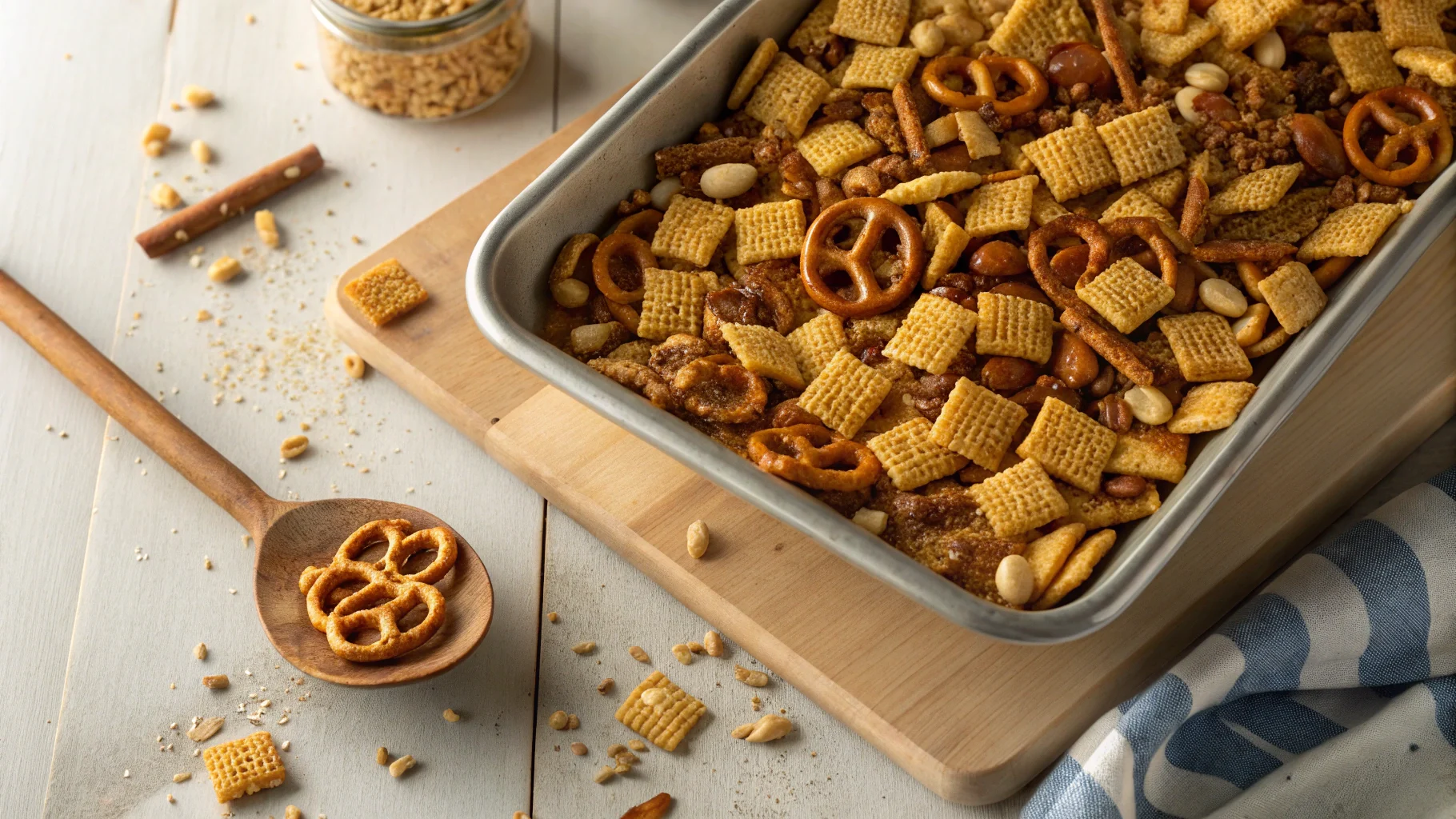 Close-up view of freshly oven-baked Chex Mix with pretzels and nuts on a baking tray.