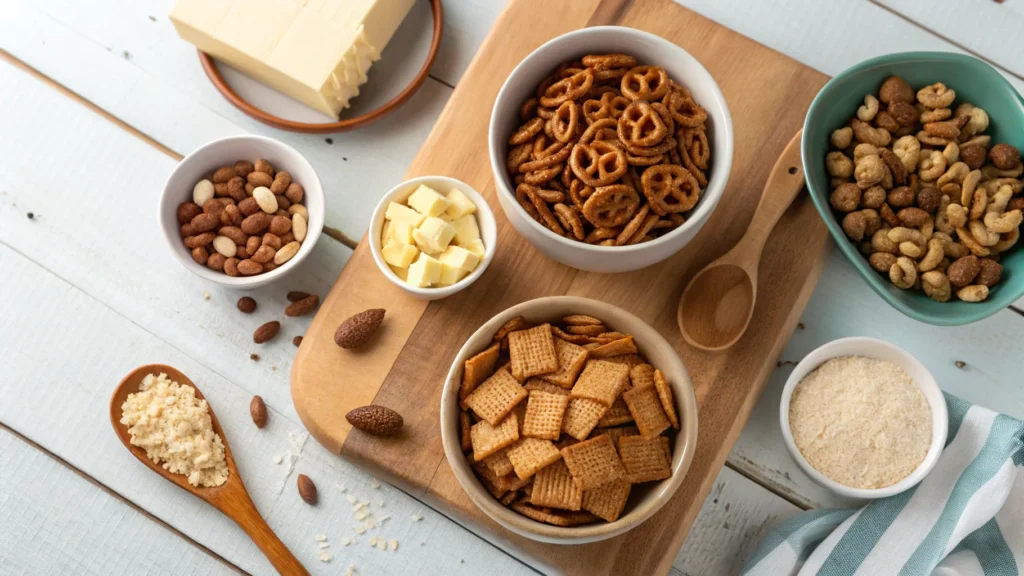  Ingredients for oven-baked Chex Mix, including cereals, pretzels, nuts, spices, and melted butter.