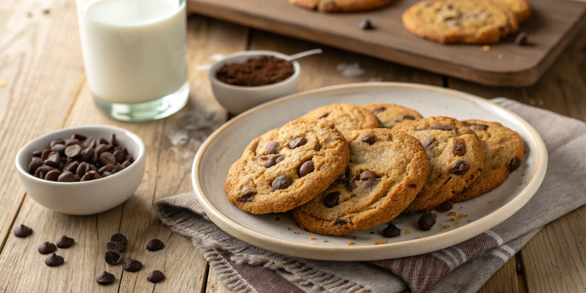 Freshly baked Crisco chocolate chip cookies on a rustic table with milk and chocolate chips.