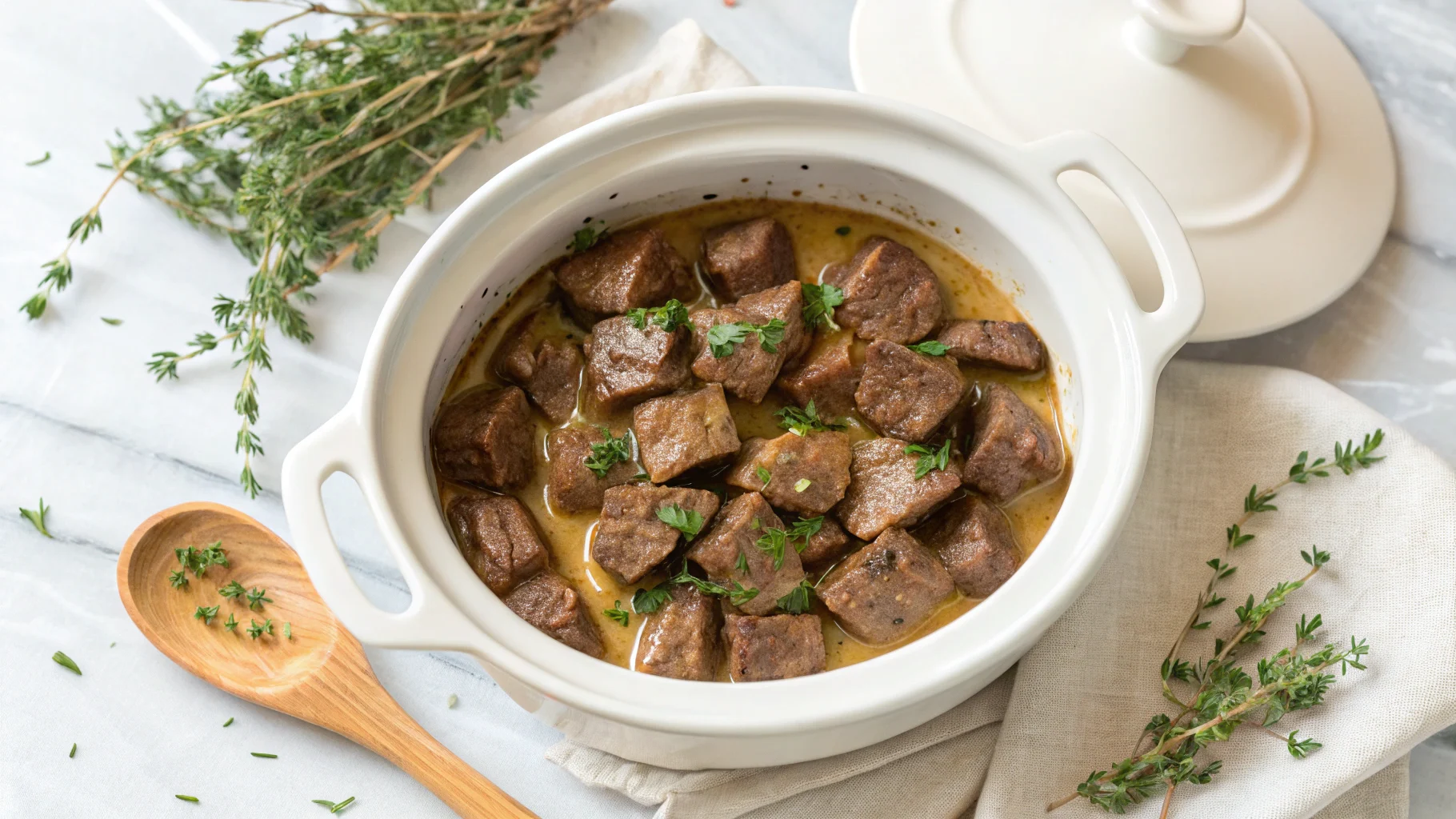 Crockpot steak bites in a rich garlic butter sauce, served in a white ceramic crockpot with fresh thyme and a wooden spoon.