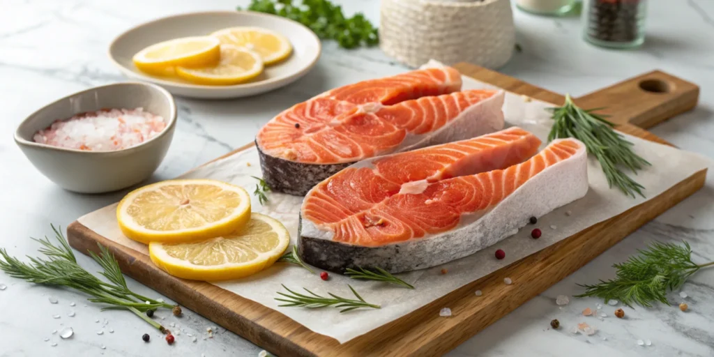 Fresh salmon cut steaks on a butcher’s board with lemon slices and dill.

