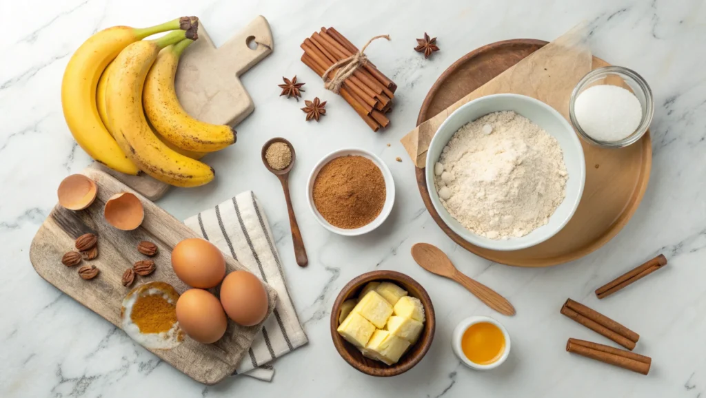 Ingredients for Banana Honey Cinnamon Bread – ripe bananas, honey, cinnamon, and more.