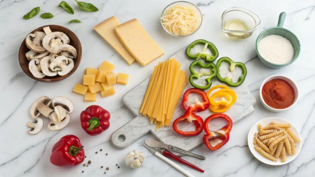 Ingredients for customizing Philly Cheesesteak Pasta, including mushrooms, cheeses, bell peppers, and pasta.