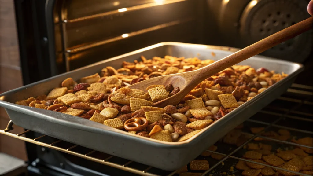 Chex Mix Recipe Oven cooling on a parchment-lined tray for maximum crunch.