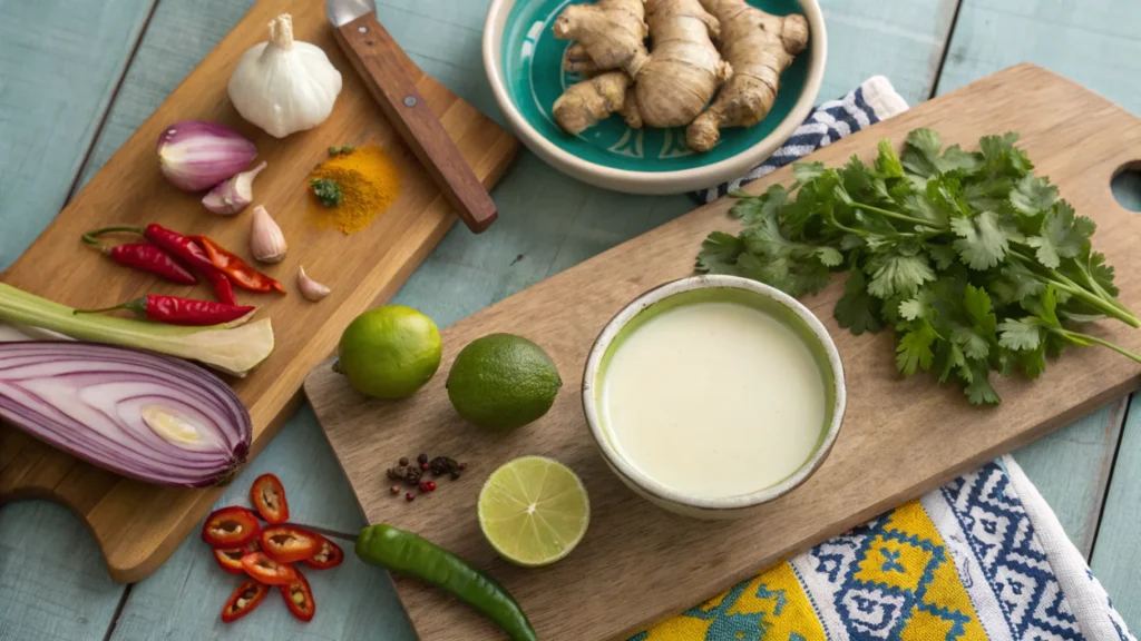  Ingredients for leche de tigre including limes, garlic, ginger, and ají amarillo on a wooden board.