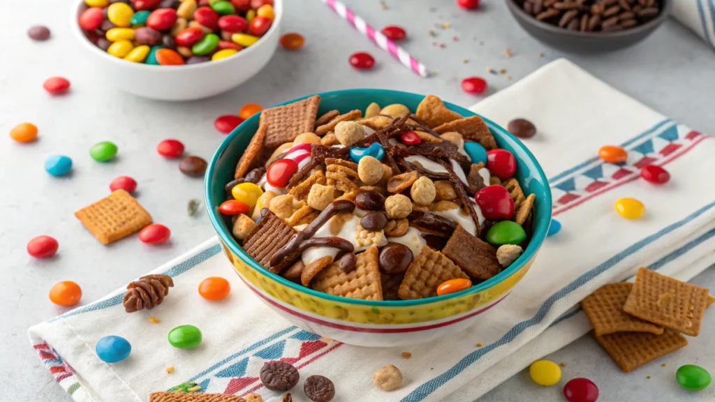 Chex Mix with colorful add-ins like chocolate candies and caramel nuts in a serving bowl.