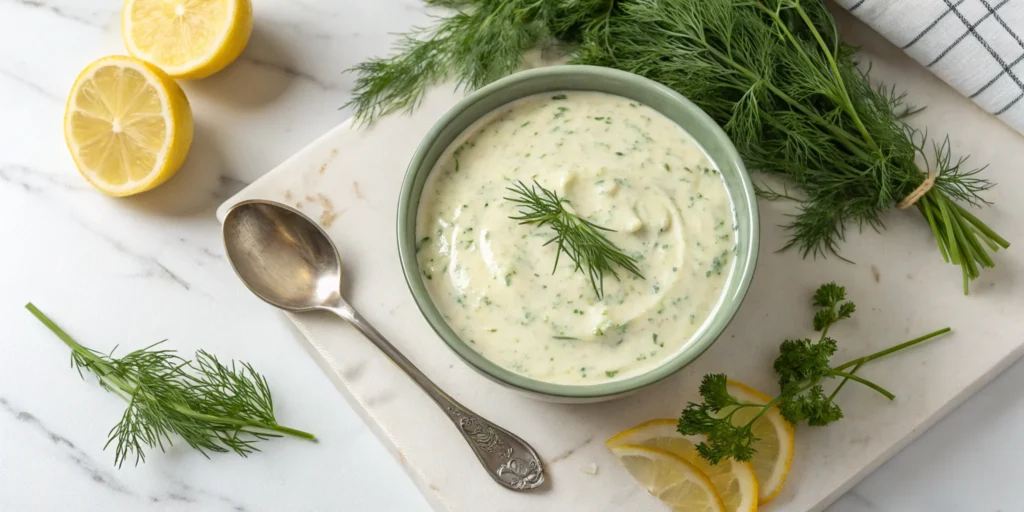 Dill cream sauce in a serving bowl with fresh dill and lemon wedges.

