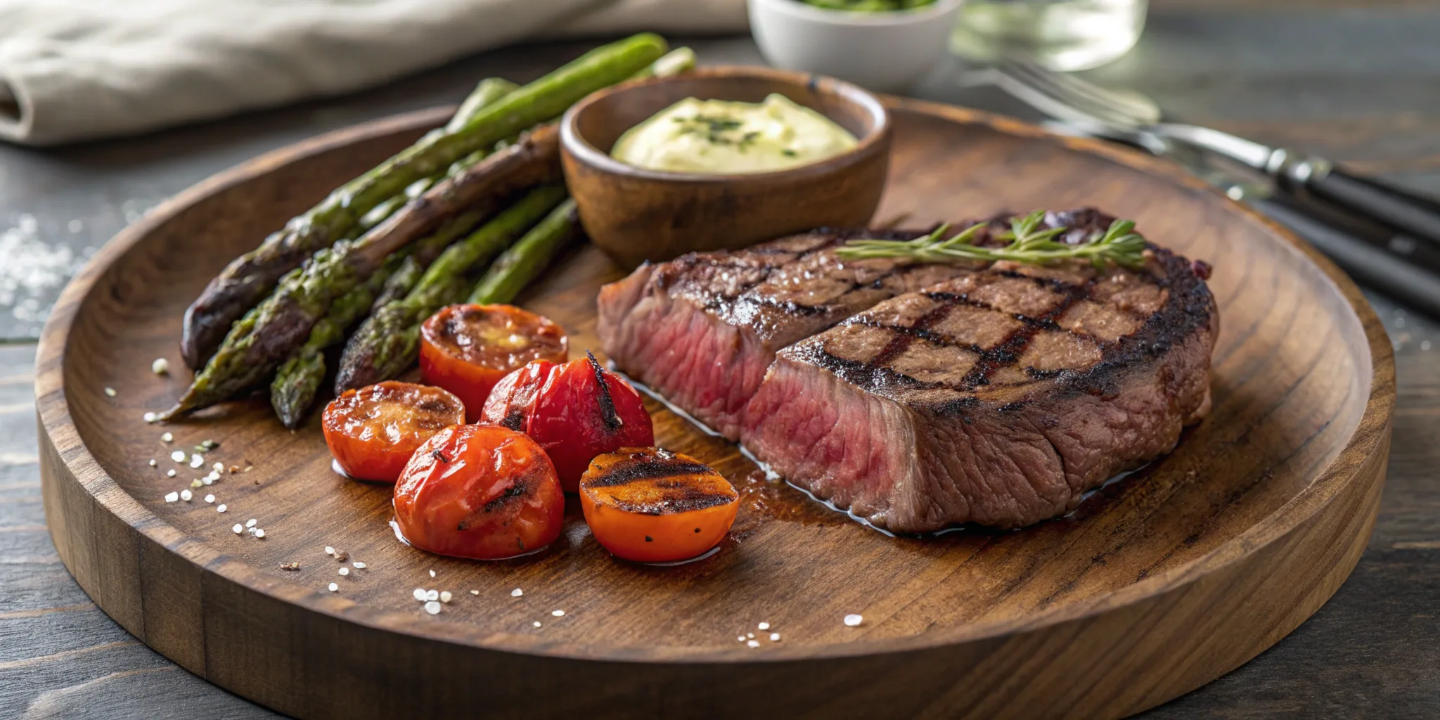 Perfectly cooked Denver steak with grilled asparagus and roasted cherry tomatoes, served with garlic butter.