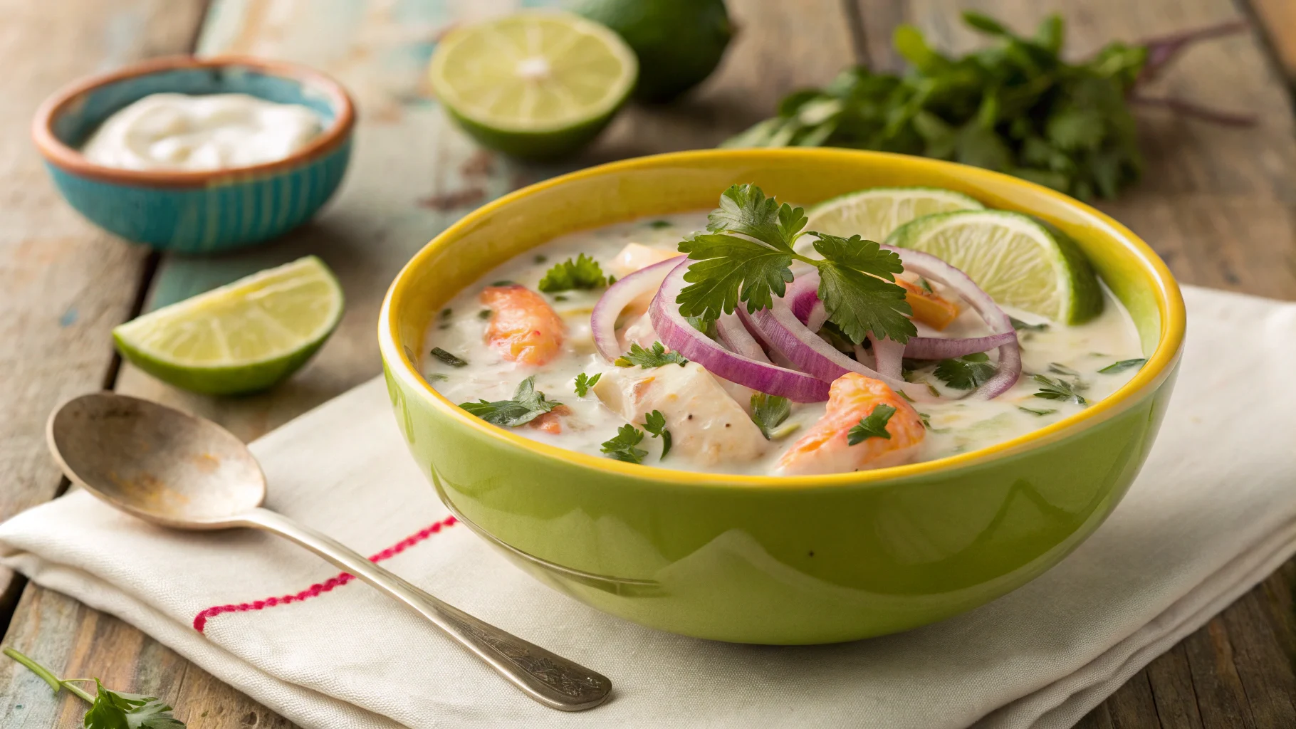 Bowl of leche de tigre garnished with onions and cilantro on a rustic table.