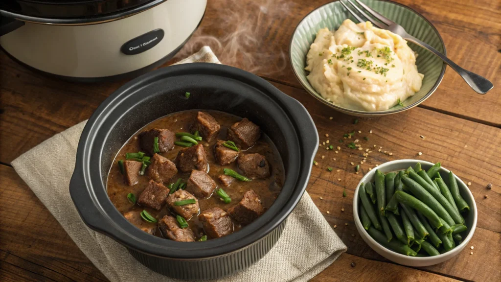 Crockpot steak bites recipe: tender steak bites in garlic butter sauce, served in a white ceramic crockpot.