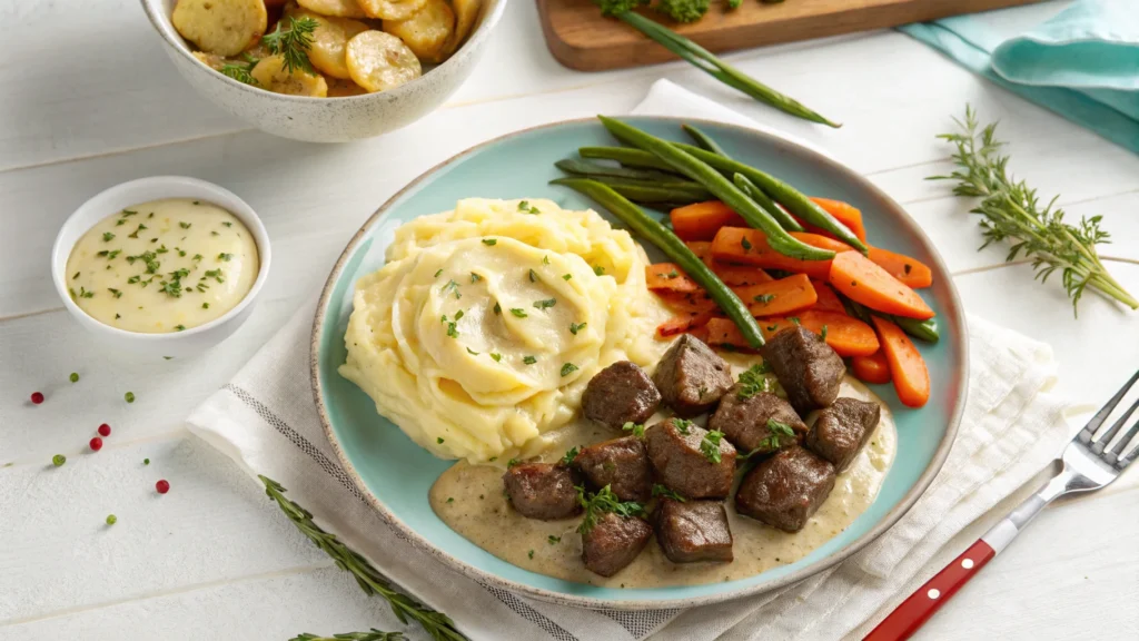 Crockpot steak bites with garlic butter sauce, served with mashed potatoes, buttered egg noodles, and roasted vegetables.