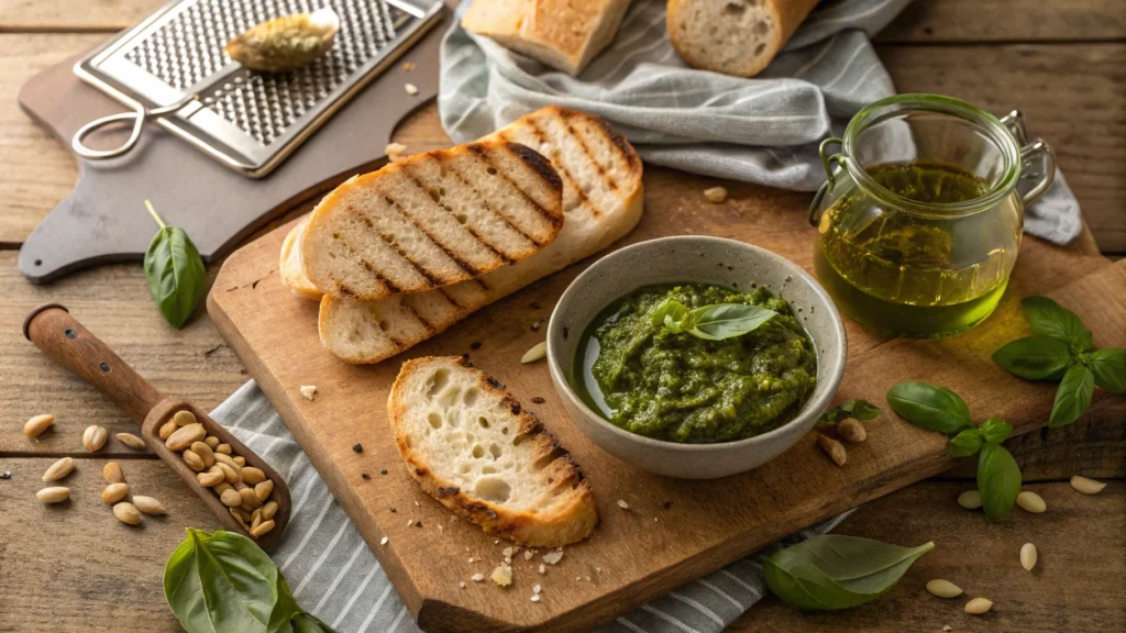 Ingredients for chicken pesto panini including grilled chicken, pesto, mozzarella, and