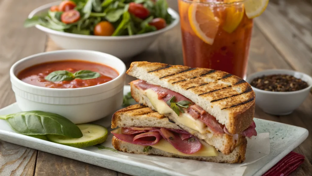 Grilled chicken pesto panini served with salad and tomato soup.