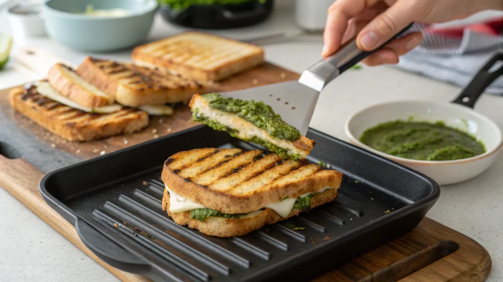 Step-by-step assembly of a chicken pesto panini with pesto, chicken, and mozzarella.