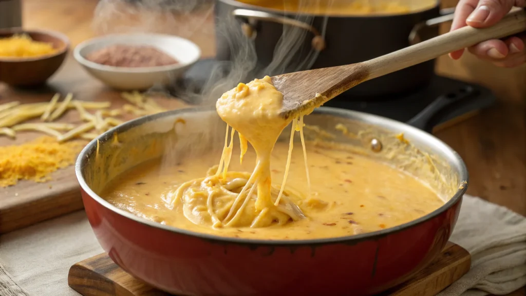 Thick, creamy cheese sauce being stirred in a saucepan with a wooden spoon for seafood mac and cheese.