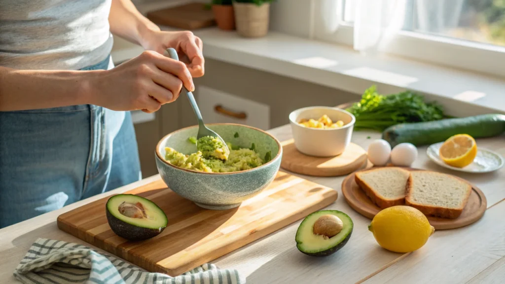 Close-up of hands mashing avocado in a bowl surrounded by ingredients for avocado toast.