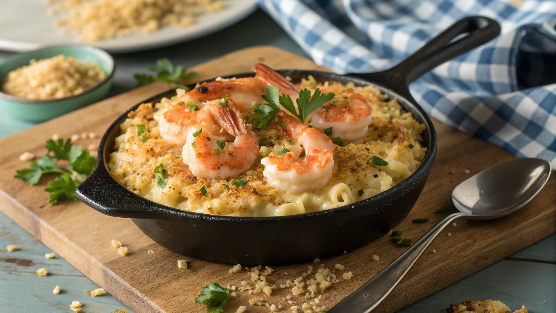 Golden-brown seafood mac and cheese in a skillet with melted cheese, shrimp, and crab, garnished with parsley.