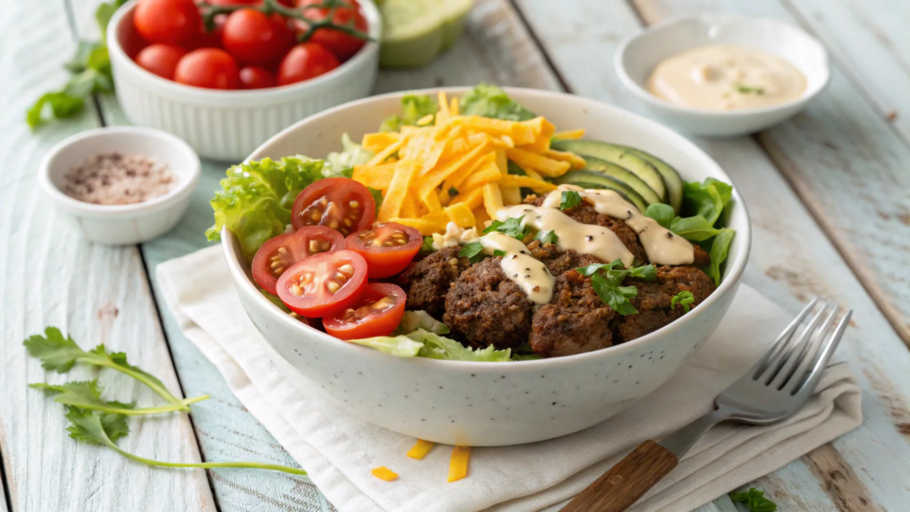 A vibrant burger bowl with fresh lettuce, tomatoes, cheddar cheese, and a drizzle of sauce, served in a white bowl on a wooden table.