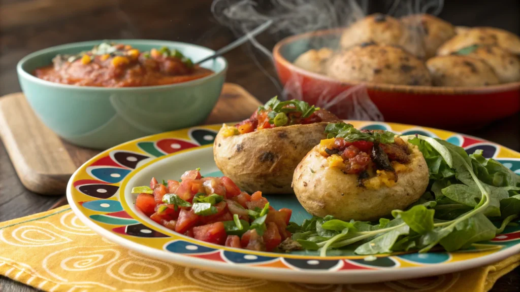 Papas rellenas served with salad and salsa.