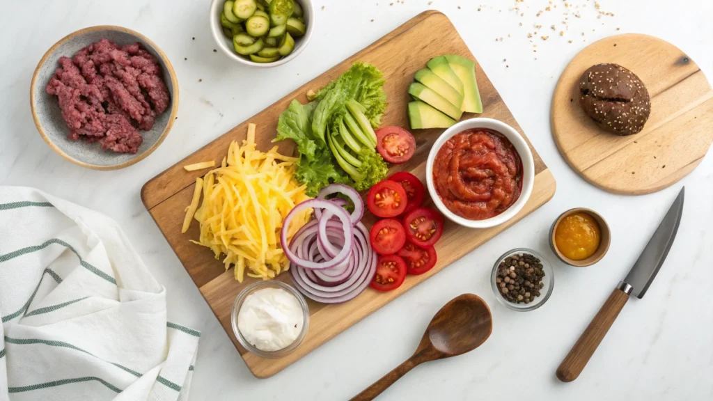 Fresh ingredients for a burger bowl recipe, including ground beef, lettuce, tomatoes, cheese, avocado, pickles, and burger sauce.