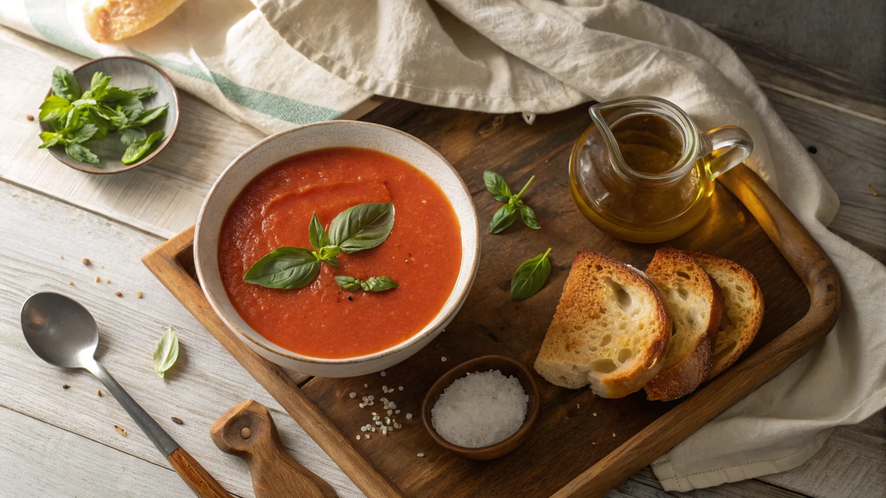 A steaming bowl of tomato soup garnished with basil, served with crusty bread on a wooden tray.