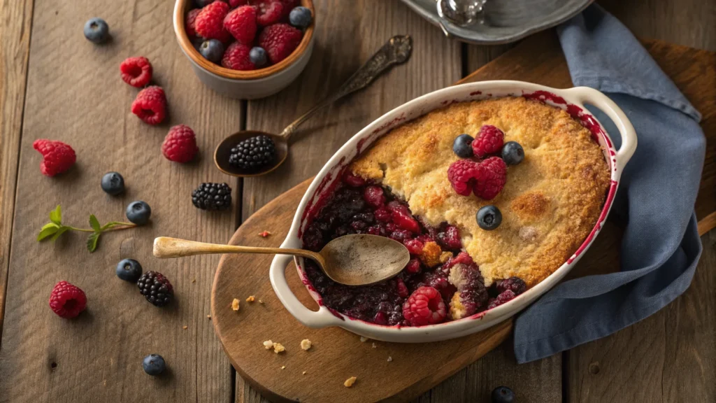 A rustic mixed berry cobbler topped with a golden crumble layer, served in a ceramic dish, with a spoonful revealing the juicy berry filling.