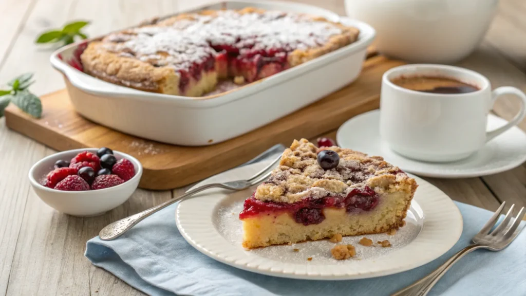 A slice of fruit cobbler with crumble topping next to coffee cake with streusel topping on a white plate.