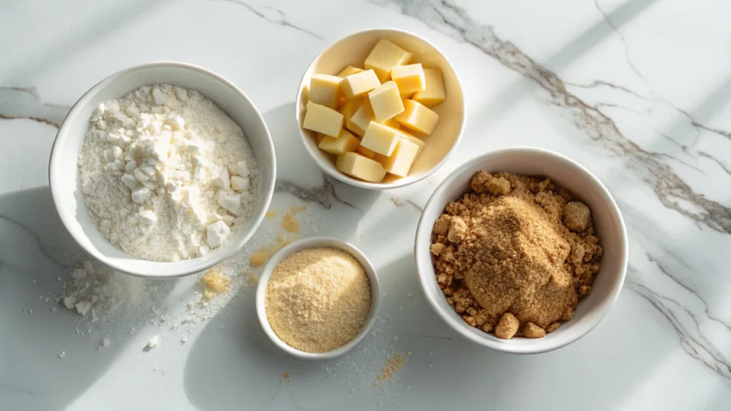 Side-by-side comparison of crumble and streusel ingredients in small bowls on a marble surface.