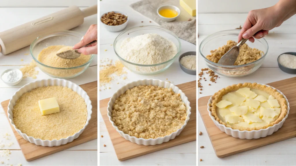 Step-by-step collage showing how to make crumble and streusel toppings, from mixing to sprinkling on pies.