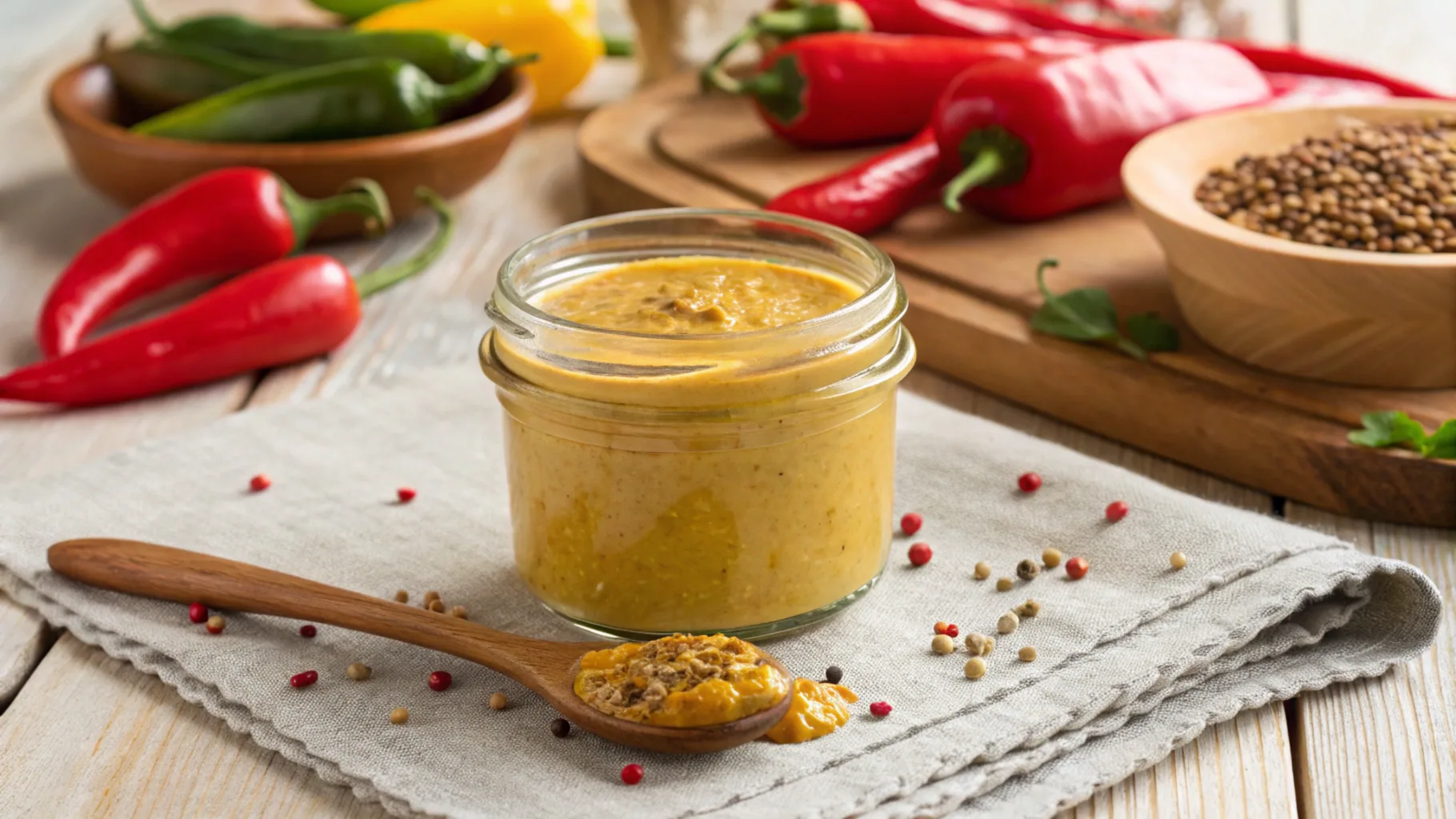 Jar of homemade hot pepper mustard surrounded by fresh peppers and mustard seeds.