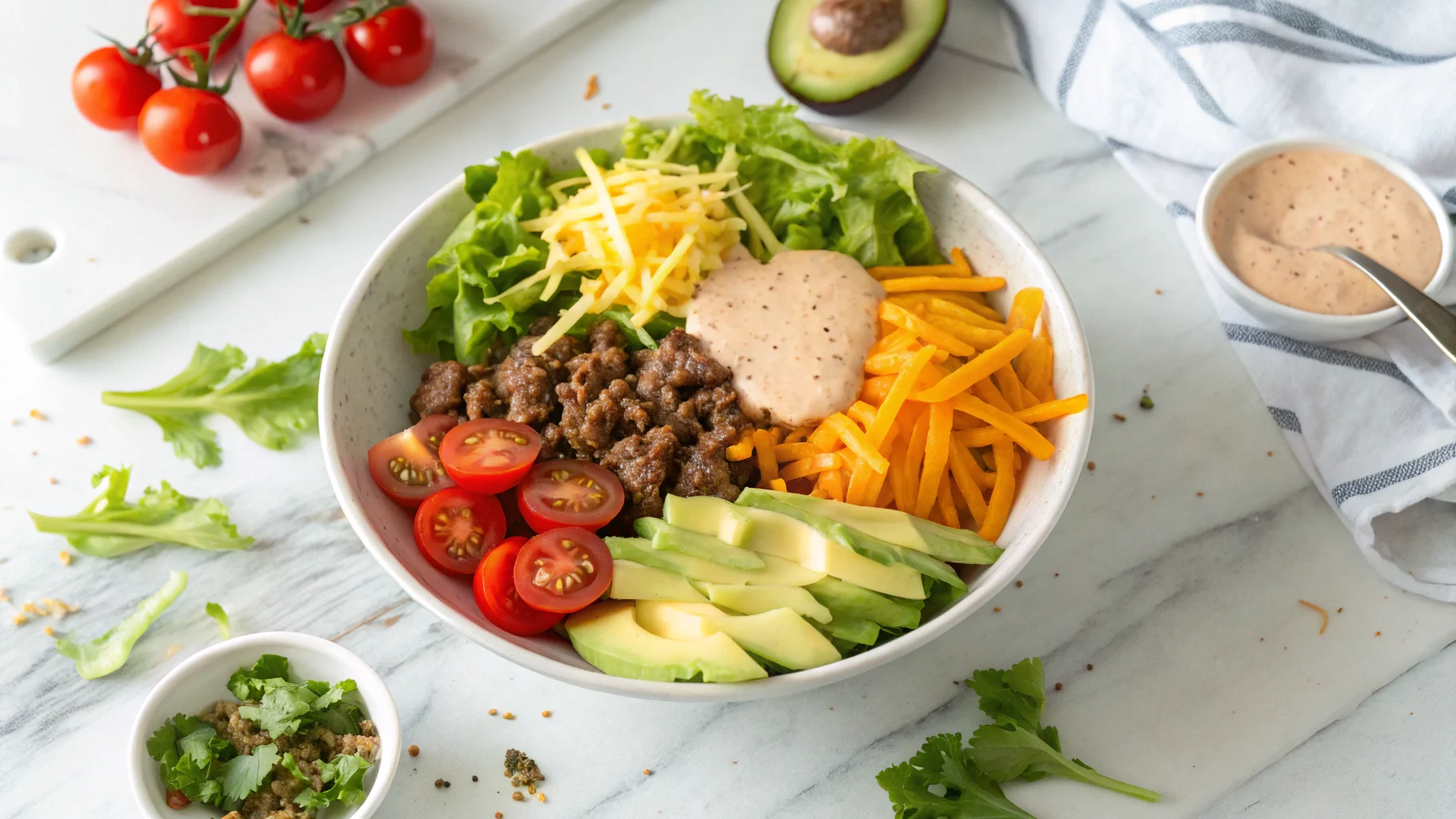 A fresh burger bowl being assembled with lettuce, tomatoes, cheese, avocado, and ground beef, topped with a creamy sauce.