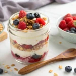 Fresh Greek yogurt parfait with berries and granola on a marble counter.