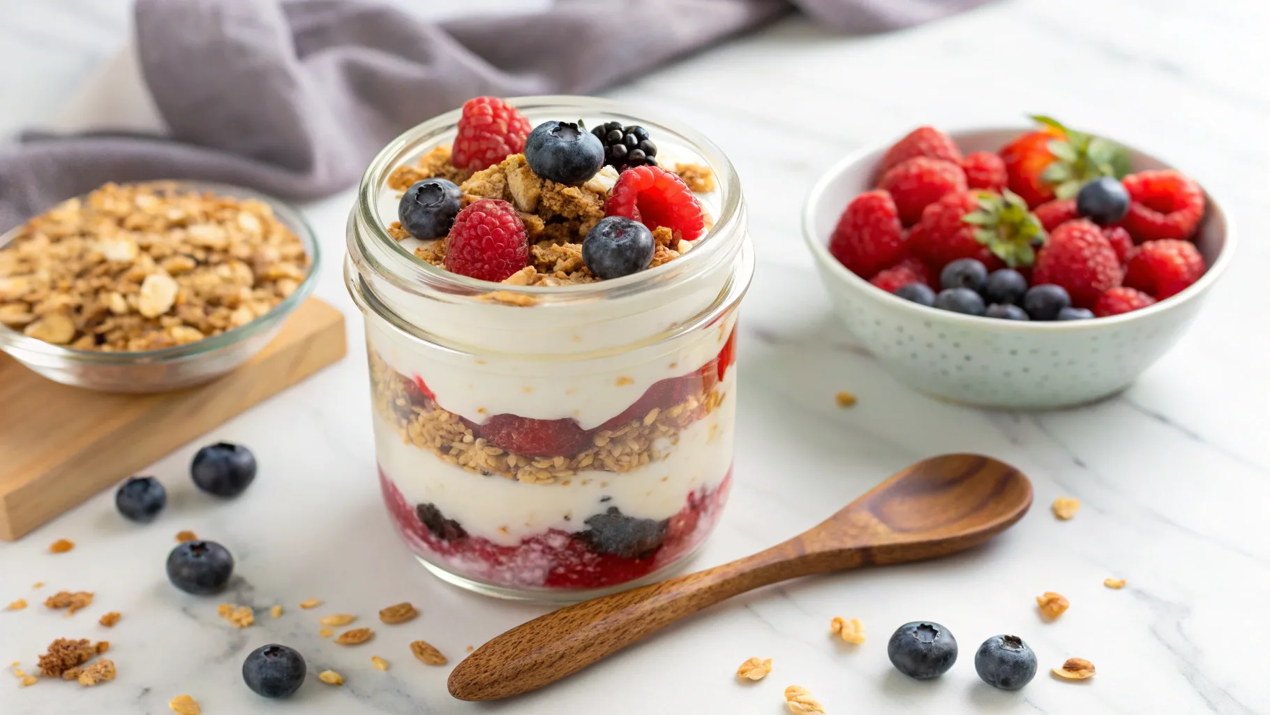 Fresh Greek yogurt parfait with berries and granola on a marble counter.