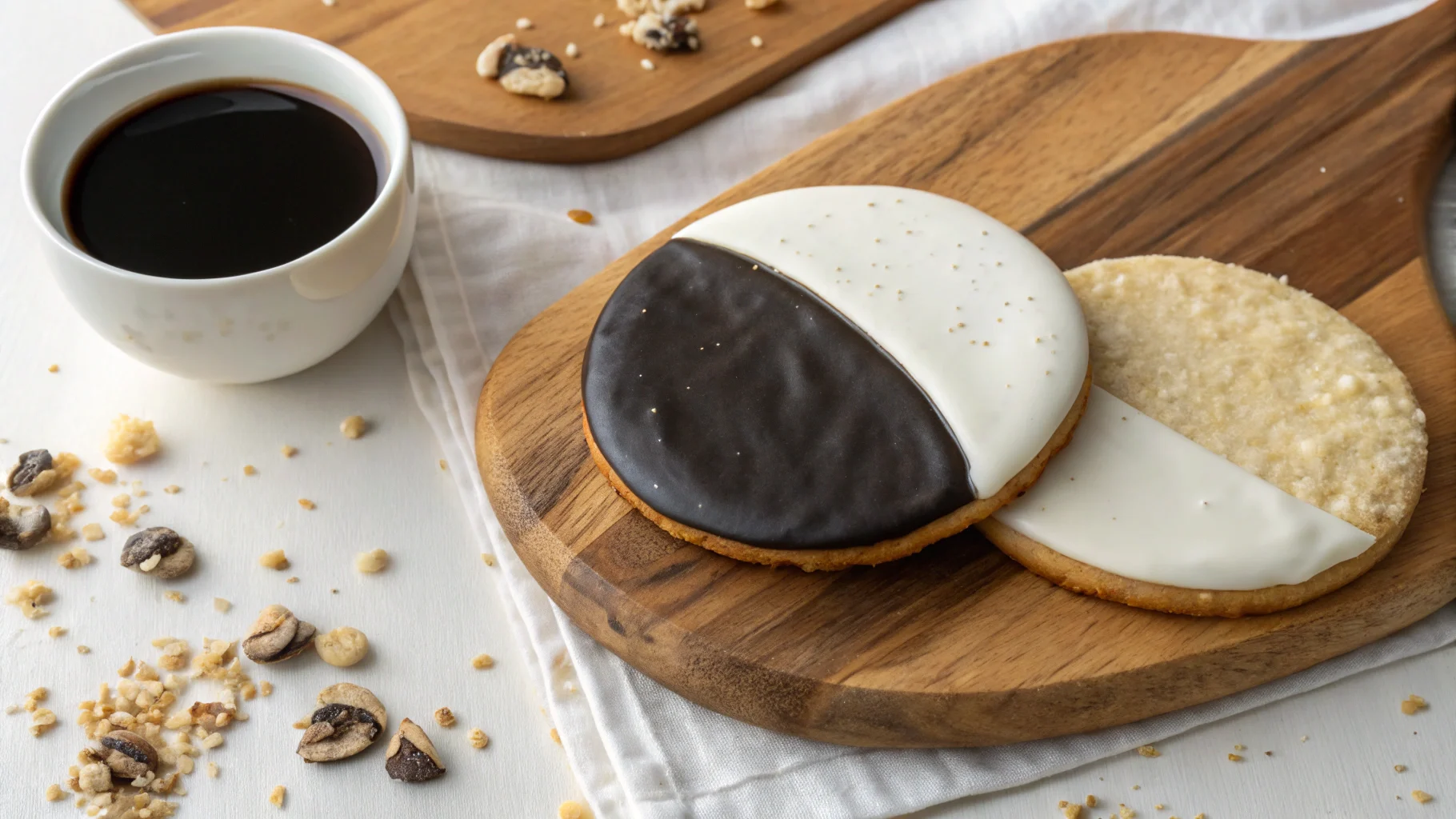 Close-up of a black and white cookie and a half-moon cookie on a wooden board, showcasing their iconic icing and textures.