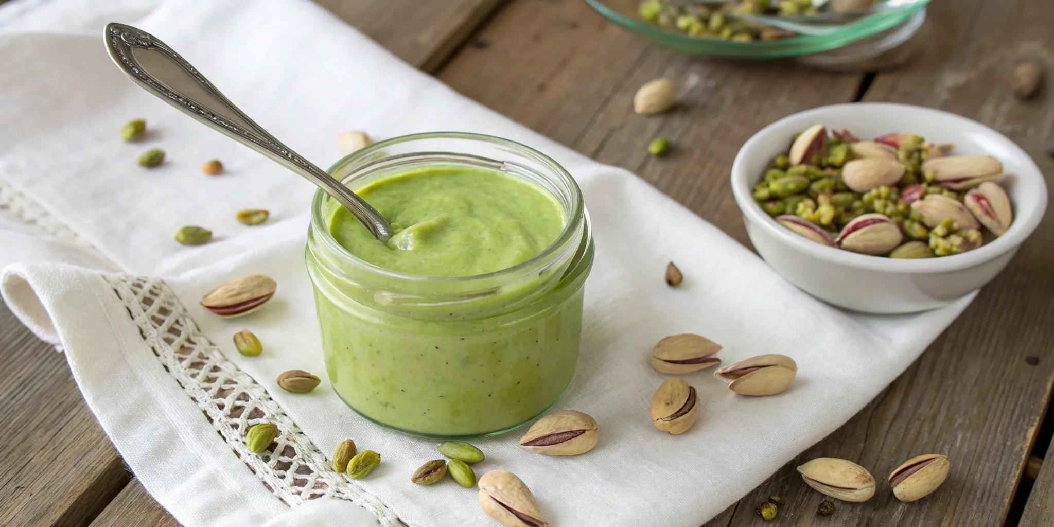 Smooth green pistachio cream in a jar with pistachios and a spoon.