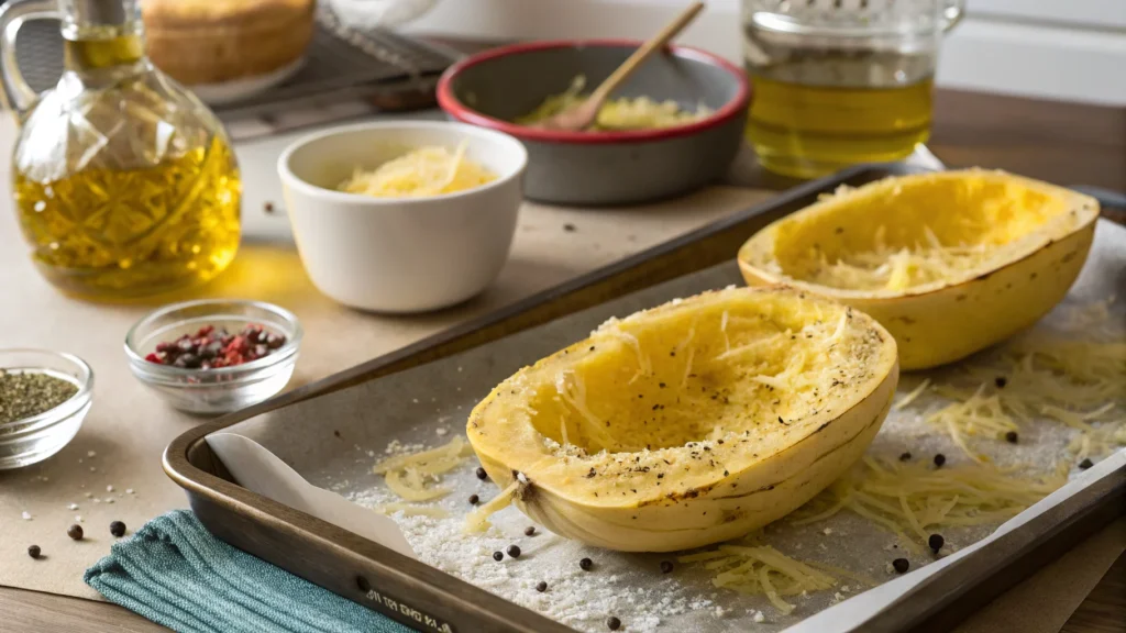 Halved spaghetti squash on a baking sheet, ready to roast.