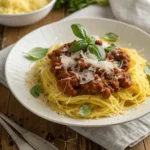 Spaghetti Squash Bolognese with basil and Parmesan on a rustic table