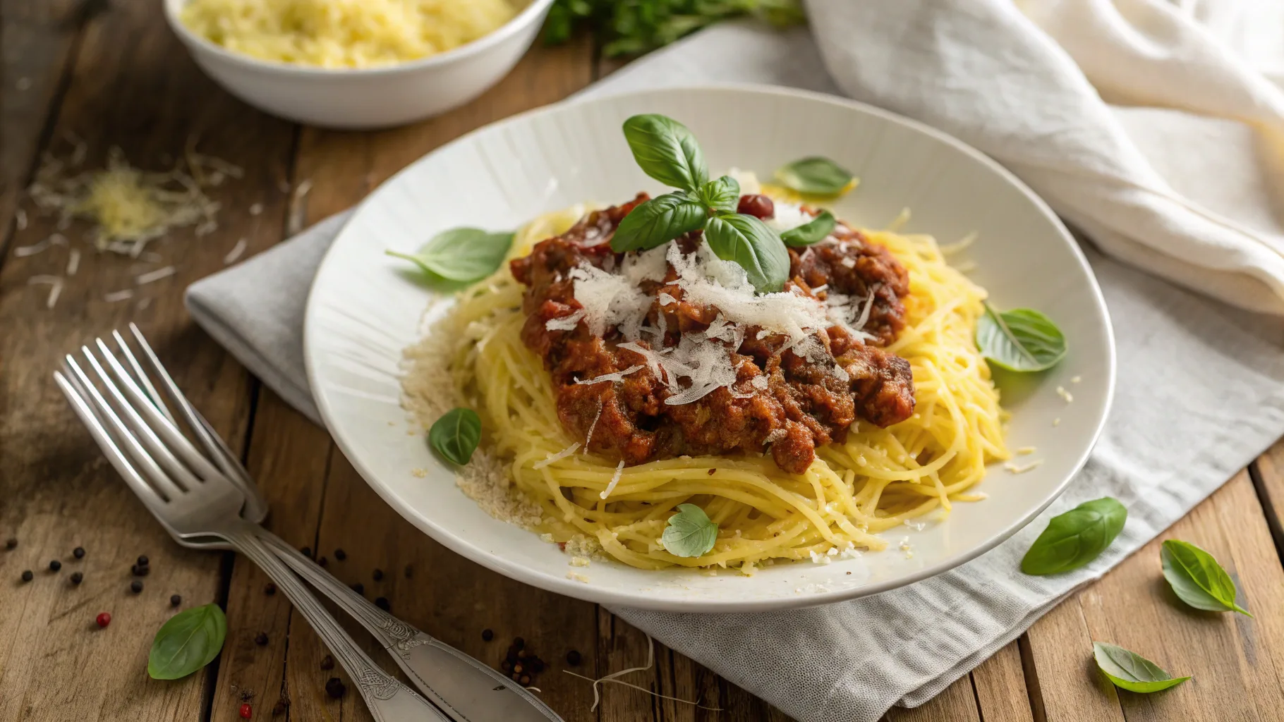 Spaghetti Squash Bolognese with basil and Parmesan on a rustic table