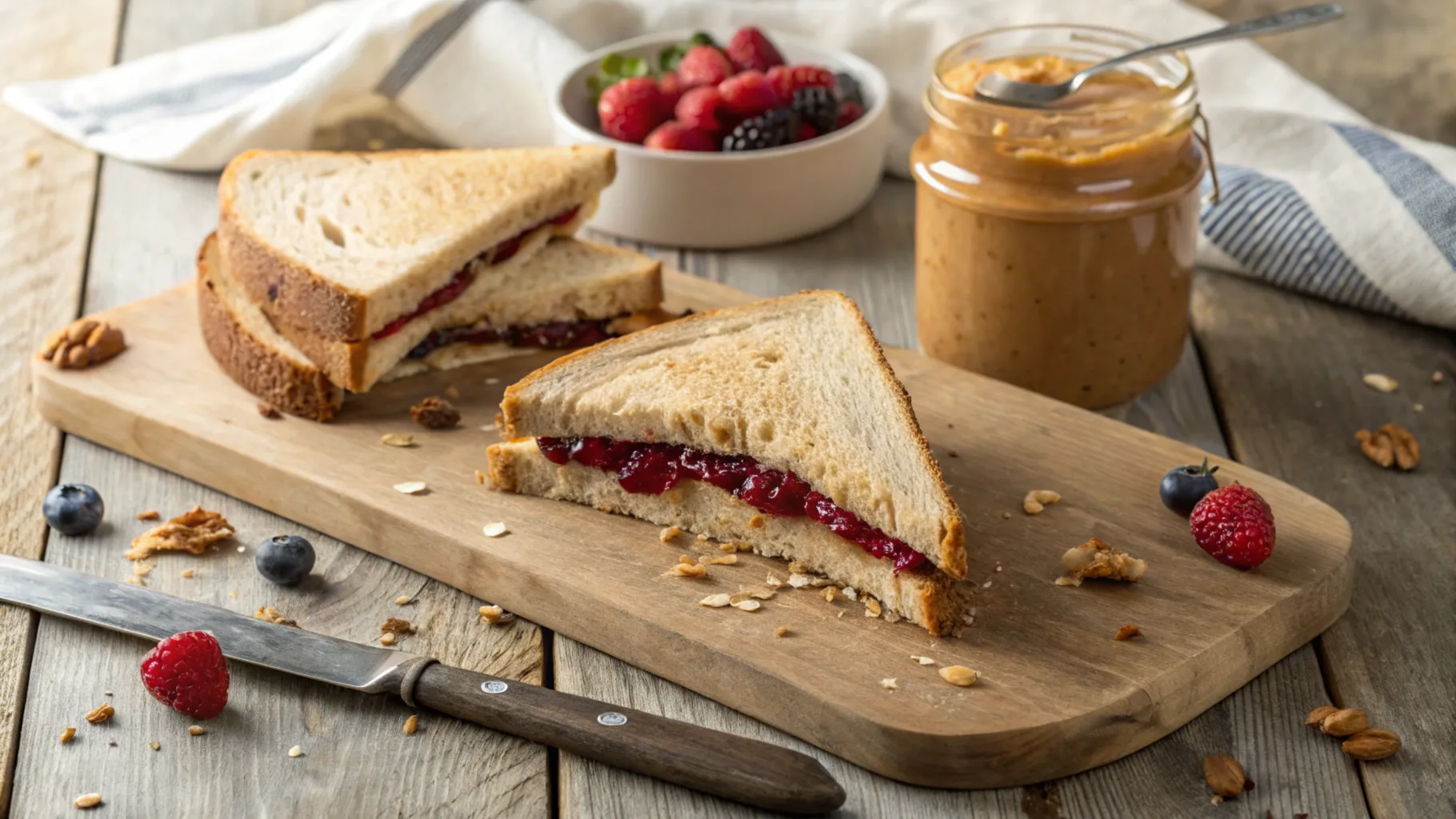 Close-up of a sliced whole-grain peanut butter and jelly sandwich with jars of peanut butter and jam on a rustic wooden board.