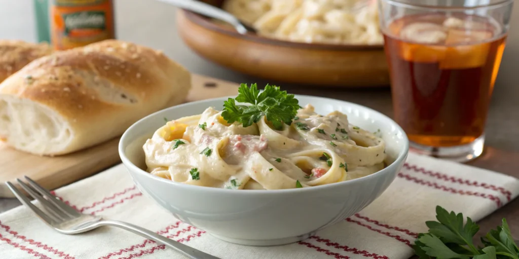  Pasta made with leftover bagel dip garnished with parsley.