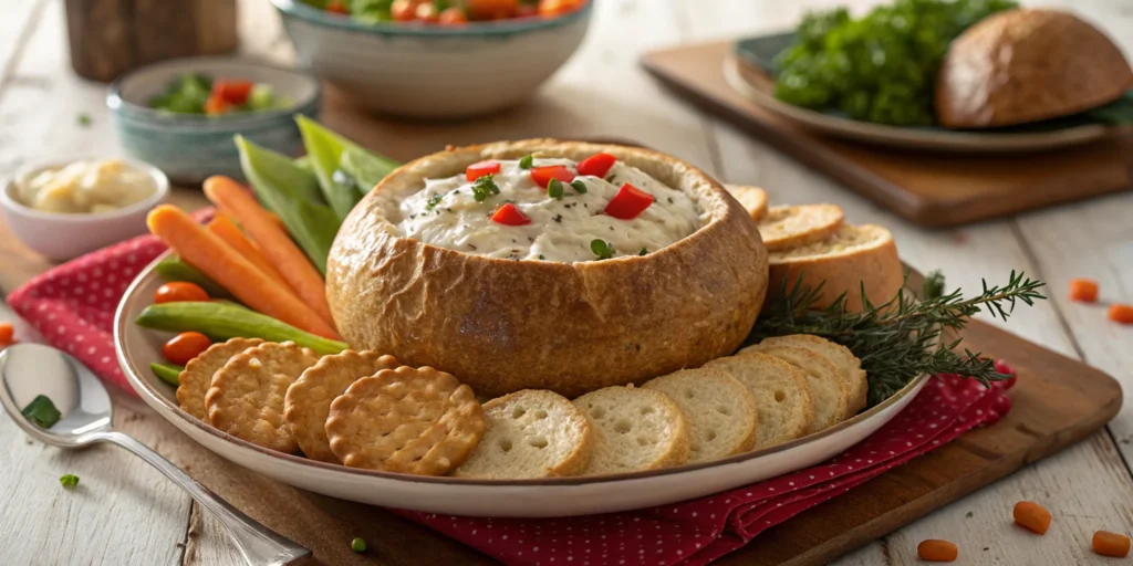  A festive bread bowl filled with creamy bagel dip, served with colorful dippers for a party platter.