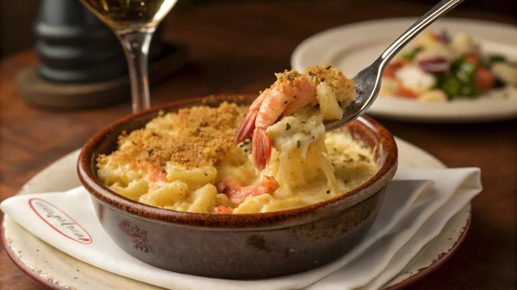 A serving of creamy seafood mac and cheese on a rustic plate with shrimp and crab, topped with crispy breadcrumbs.