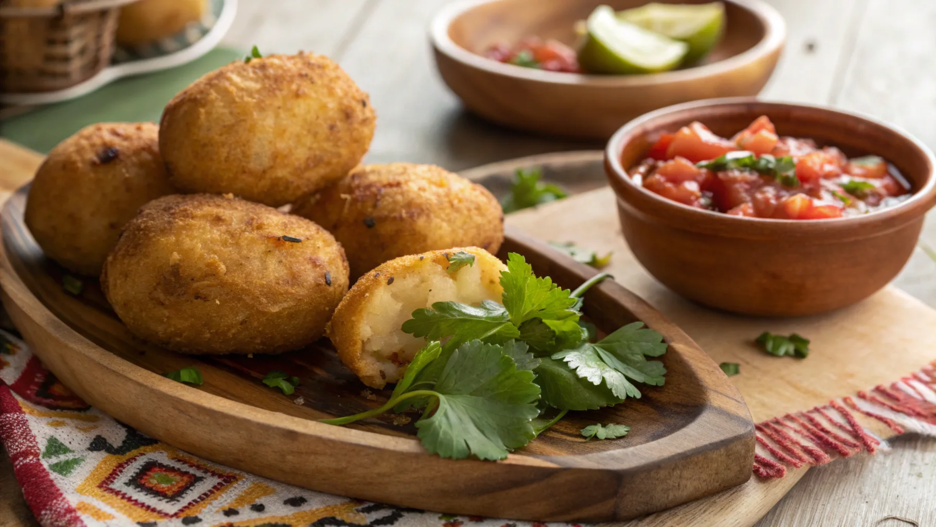 Golden fried papas rellenas served on a rustic plate with fresh cilantro and a side of salsa.