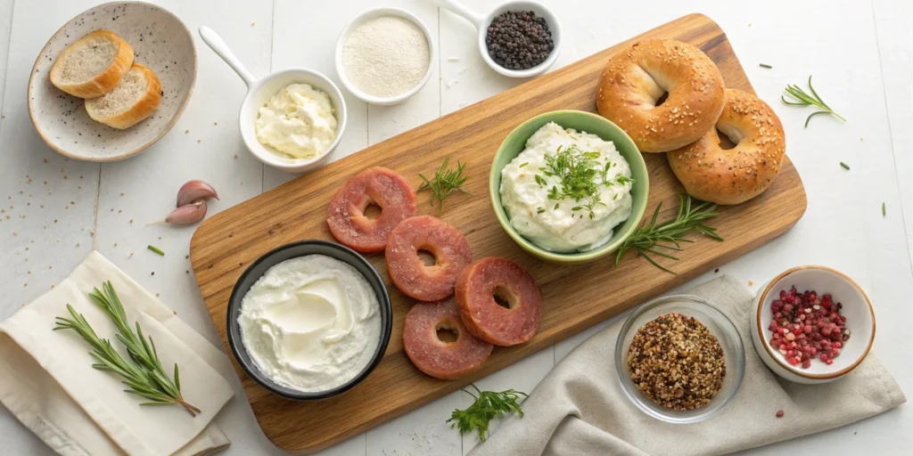 A flat lay of fresh ingredients for making the perfect bagel dip.