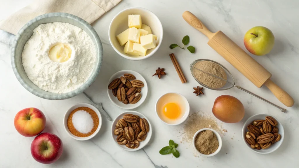 The ingredients for an apple pecan Danish pastry tart arranged on a marble countertop, including apples, cinnamon, butter, flour, and pecans.