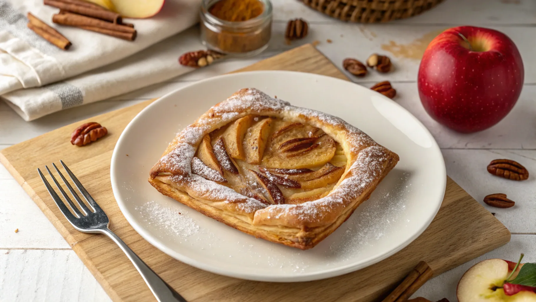 Close-up view of a freshly baked apple pecan Danish pastry tart with flaky golden crust and a rich filling, topped with pecans and powdered sugar.