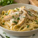 Creamy chicken Alfredo pasta with chicken strips, parsley, and Parmesan in a bowl.