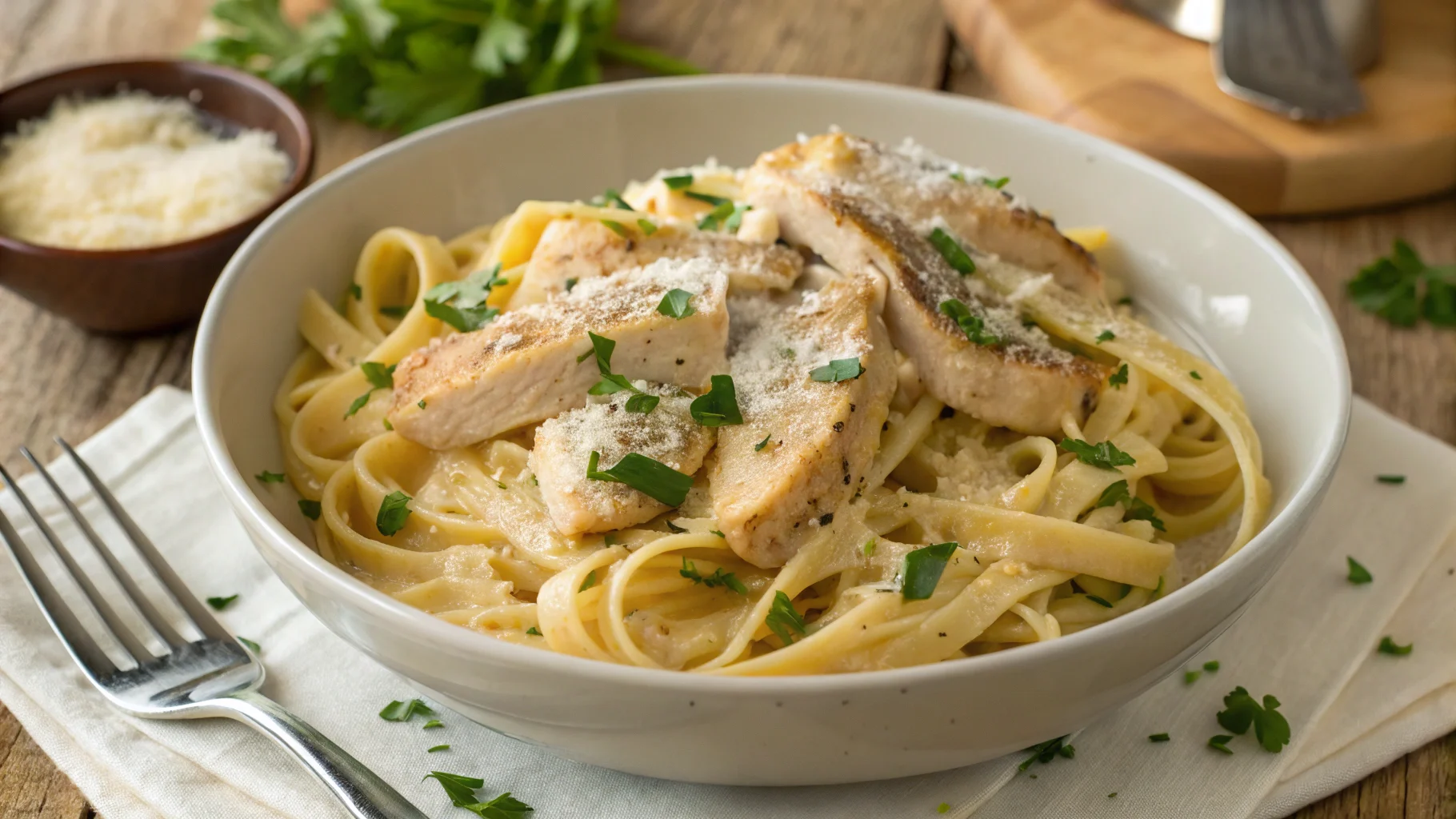 Creamy chicken Alfredo pasta with chicken strips, parsley, and Parmesan in a bowl.