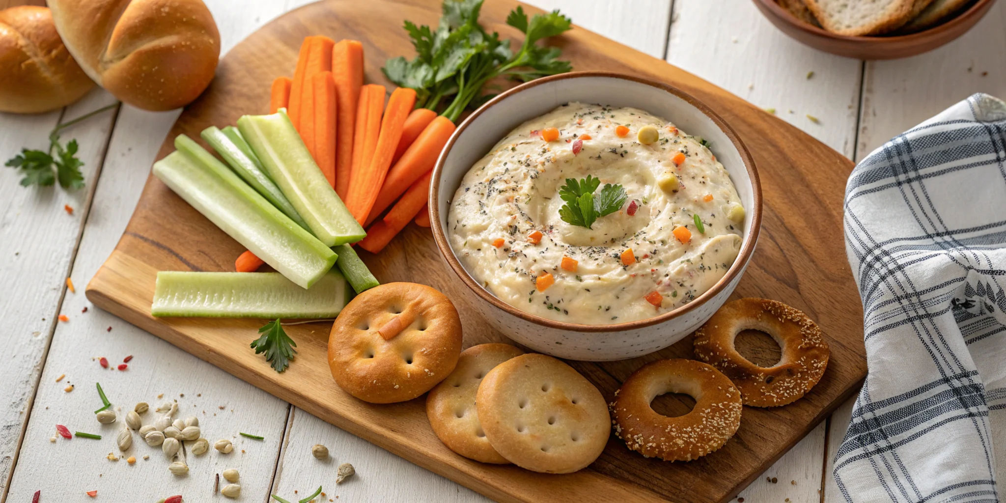 Creamy bagel dip in a bowl surrounded by bagels, crackers, and vegetables.